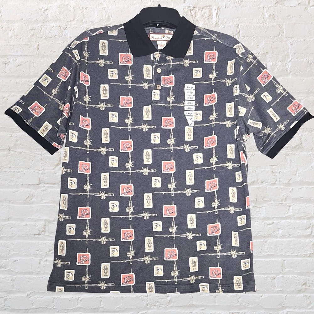 Paradise Blue Polo‎ Shirt Size Men's Large Black Fade Fishing Design Classic NWT